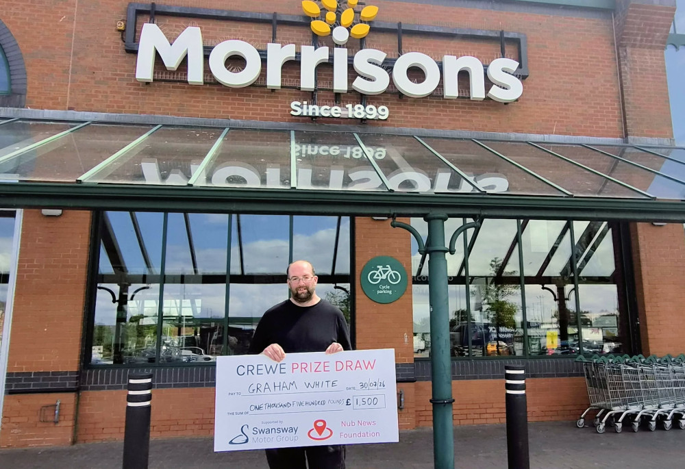 Graham White, pictured outside Morrisons, Dunwoody Way, is the third winner of the Crewe Prize Draw, winning £1,500 (Photo: Ryan Parker).