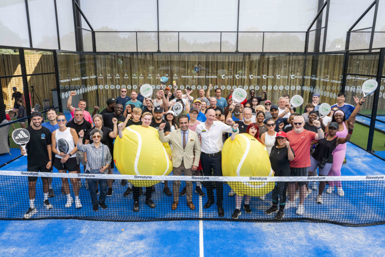 Qaisar Abbas, councillor for West Thurrock & South Stifford (centre) with staff and members of Bannatyne Health Club & Spa Chafford Hundred launch the new padel courts