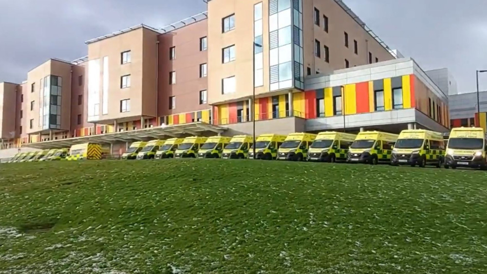 Ambulances waiting outside Royal Stoke University Hospital (image via Ian Syme / LDRS)