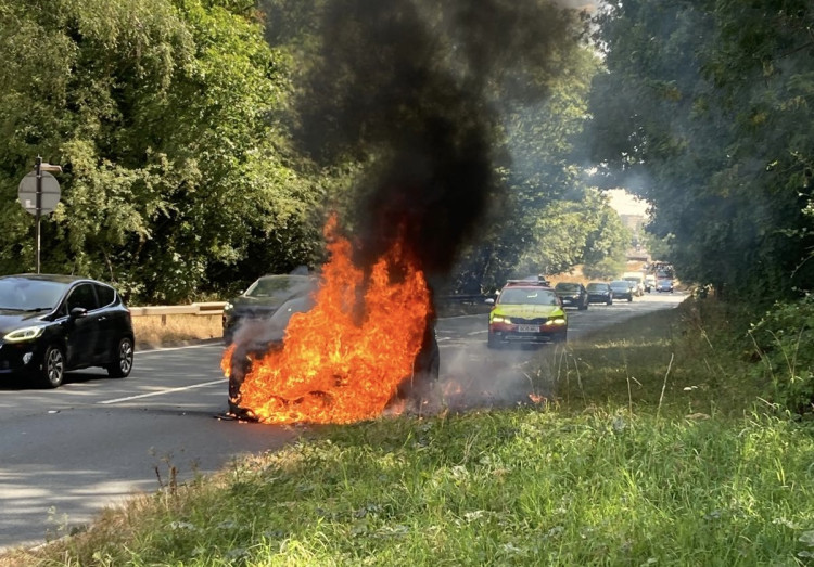 The Ford was on fire on the A45 near Meriden (image via Richard Smith)