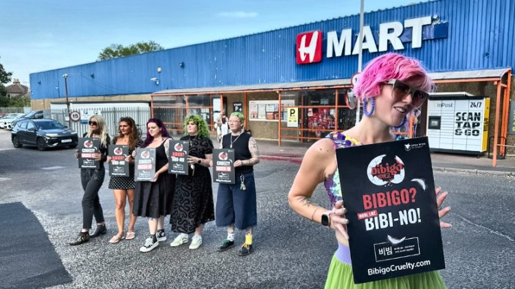 UK influencers and local activists protested against animal cruelty outside H Mart's New Malden store last week (Image supplied)