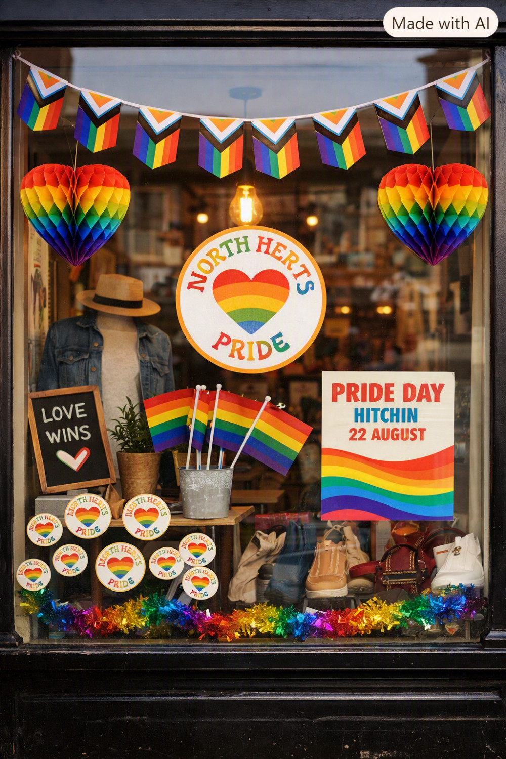 Join in the party as Hitchin shops decorate for North Herts PRIDE.”