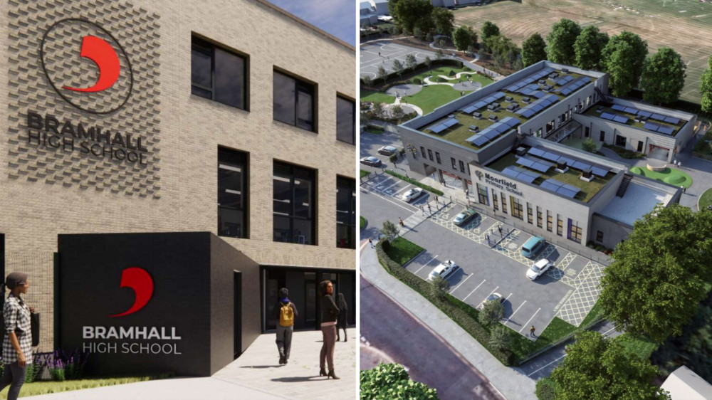 Plans to upgrade both Moorfield Primary and Bramhall High School are up for approval at a Stockport Council planning committee meeting this week (Images - left: Willmott Dixon / right: Ellis William; Tilbury Douglas)