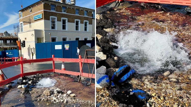 The leak at the Church Road and Sheen Road junction pictured before repairs on 10 August (credit: Image supplied).