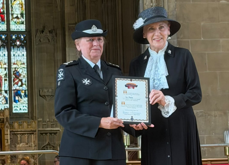 Viv Moore receives her ChangeMaker award from Susan Rasmussen, High Sheriff of Warwickshire (image supplied)