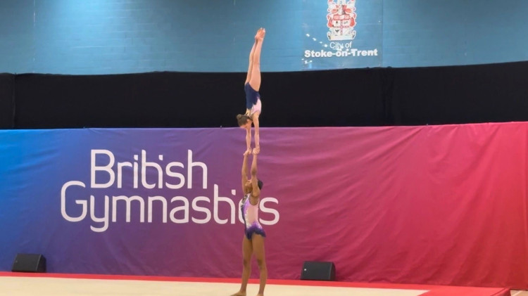 Richmond Gymnastics Association’s Lily (bottom) and Evie at the British Finals 2026 (credit: Richmond Gymnastics Association).