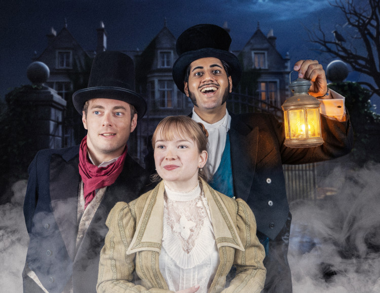 Simon Truscott as Pip (L), Suneil Bagri as Harry Biscuit (R) and Lauren McCannn as Pippa Bin search for love, wealth and happiness among the Dickensian chaos (image by Gwyn Davies)