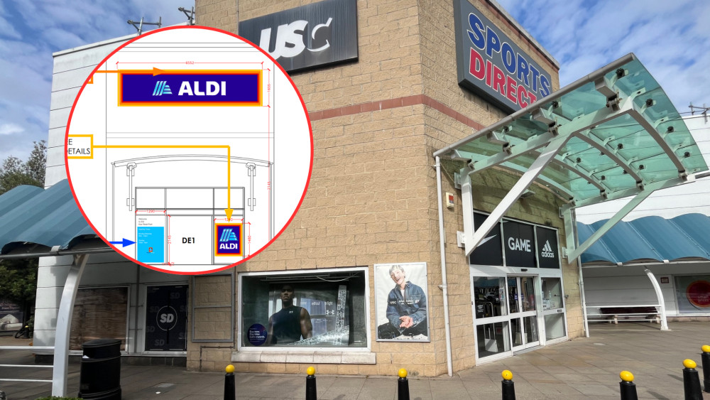 The Aldi signs would replace the ones at the now shut Sports Direct store at Kew Retail Park (credit: Planning application).