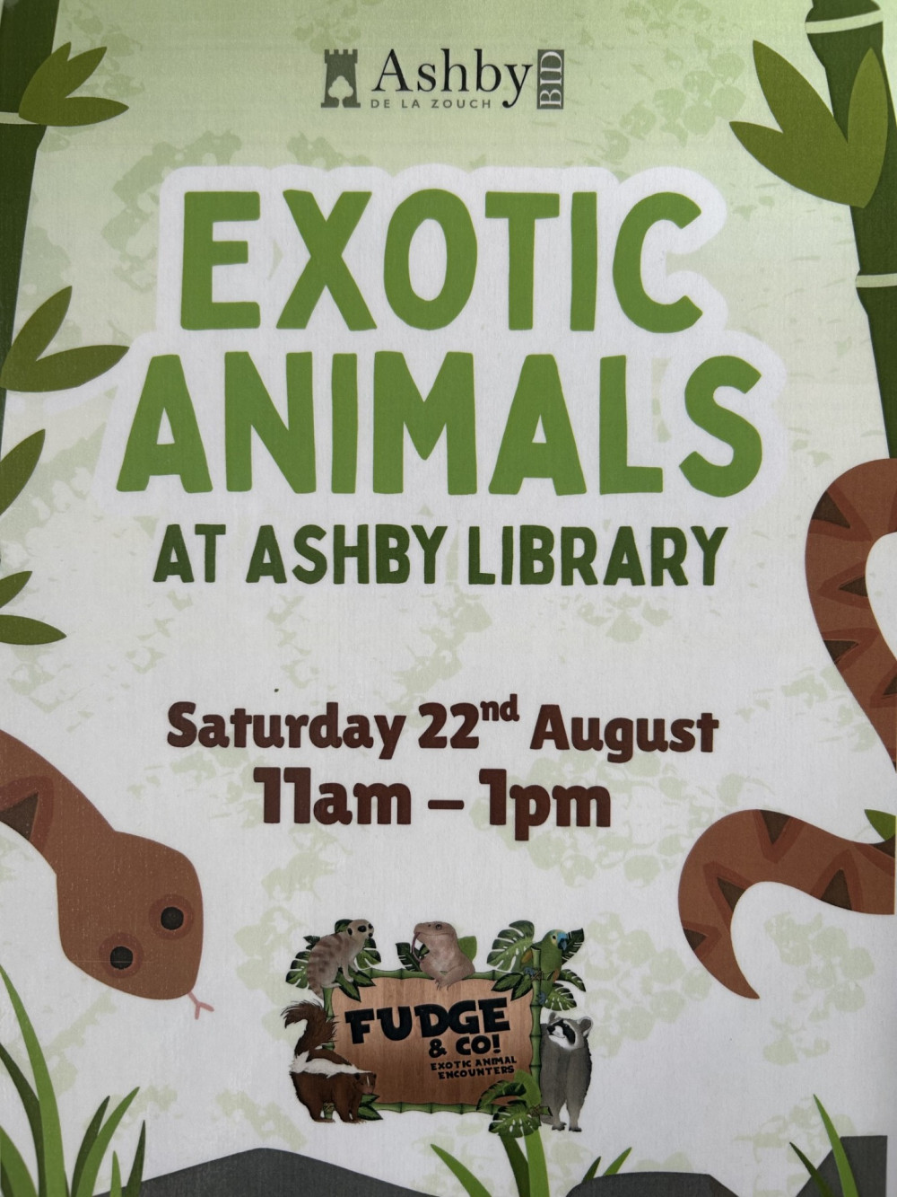 Fudge and Co Exotic Animal Encounters will be visiting Ashby Library.
