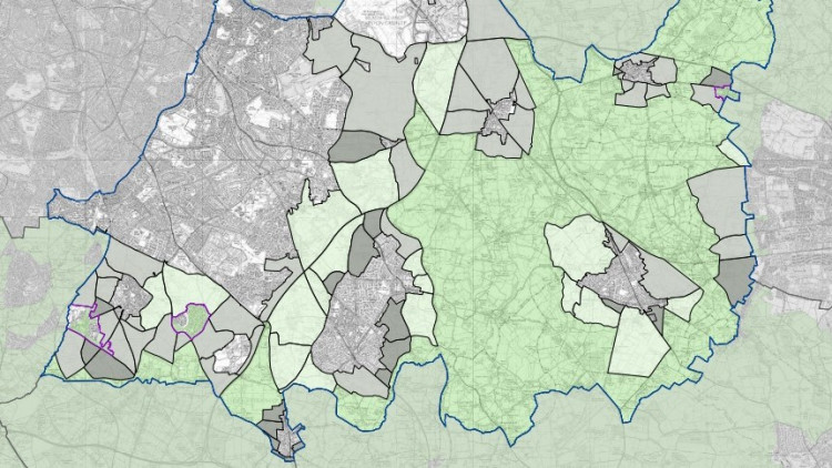 Grey belt assessment of Solihull borough. Green is labelled no, grey are sites labelled yes with constraints and dark grey are yes (Image: LDRS)