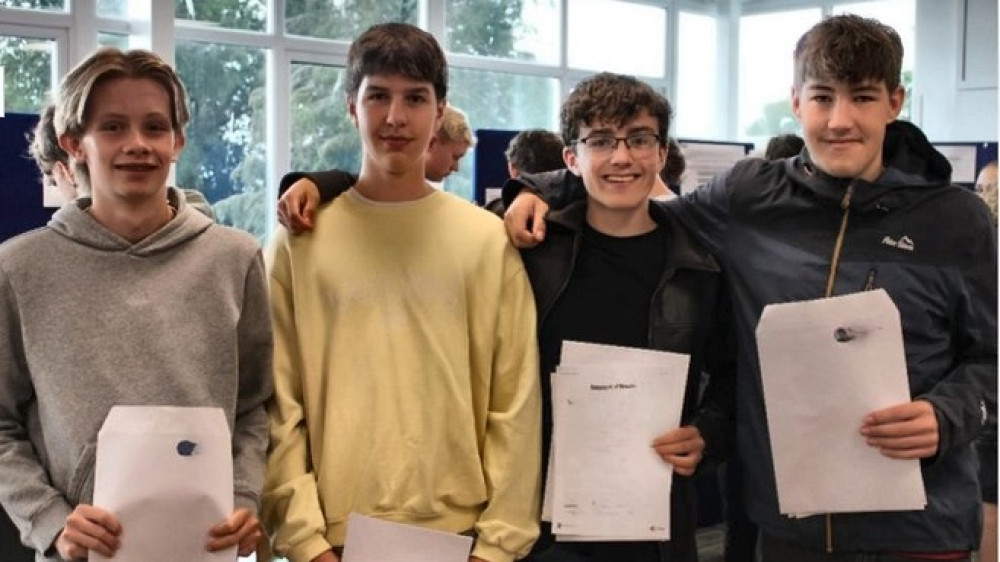 Pupils from the Blue School at Wells receiving their GCSE results. (supplied) 