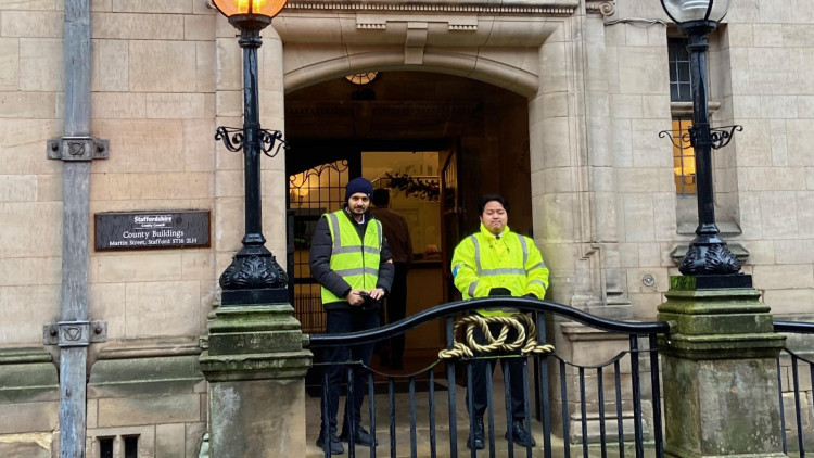 Security guards posted at the main entrance to County Buildings in Stafford (image via Phil Corrigan)