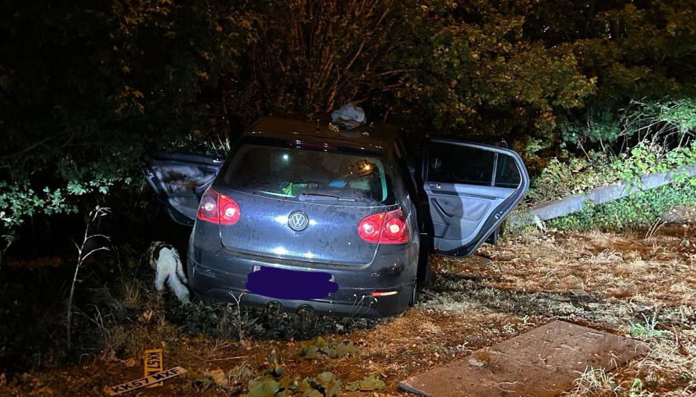 The car crashed into a tree after a chase in Leamington Spa (image via Warwickshire OPU)