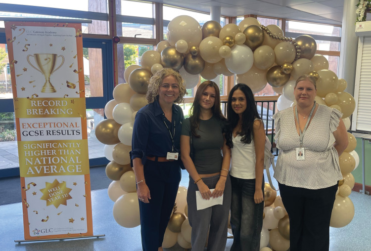 Gateway Academy Headteacher Grainne McLaughlin (left) with students.