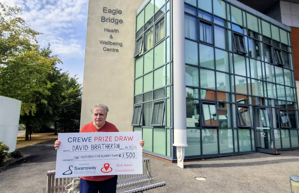 David Bratherton, pictured outside Eagle Bridge Health & Wellbeing Centre, Dunwoody Way, is the fourth winner of the Crewe Prize Draw, winning £1,500 (Photo: Ryan Parker).