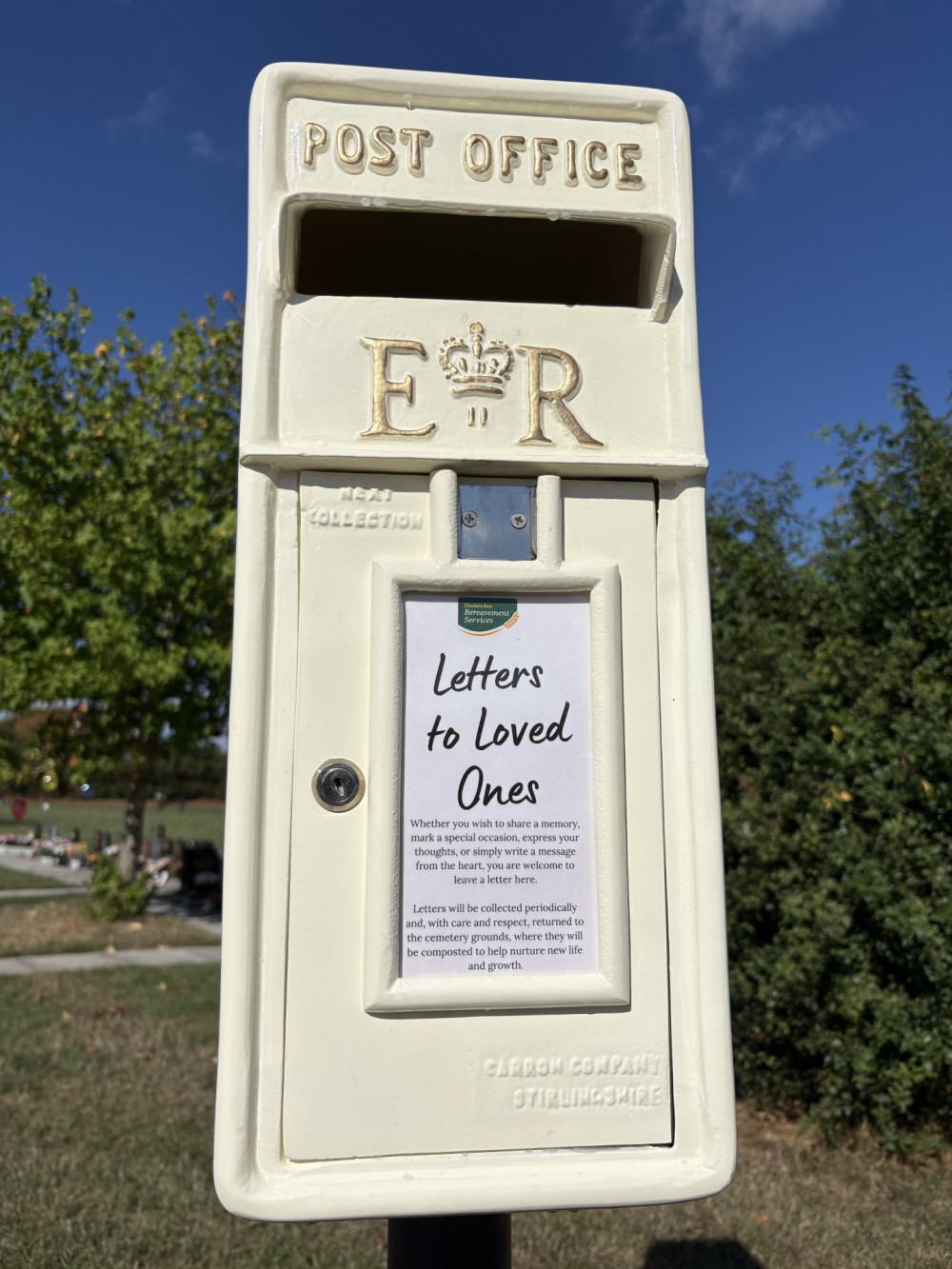 Cream coloured post boxes have appeared in cemeteries across Cheshire East letting residents send messages to the deceased (Photo: Cheshire East) 