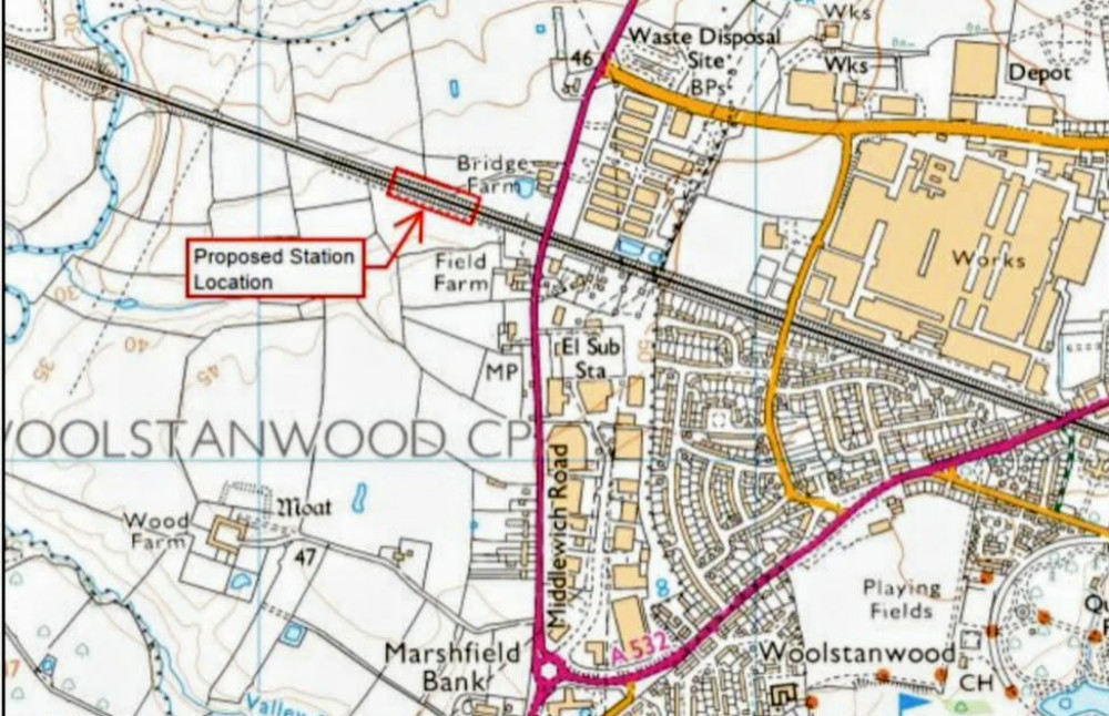 The proposed station would be built on the Crewe-to-Chester line, just off the A530 Middlewich Road between Leighton and Woolstanwood, directly west of Bentley Motors (Photo: CEC).