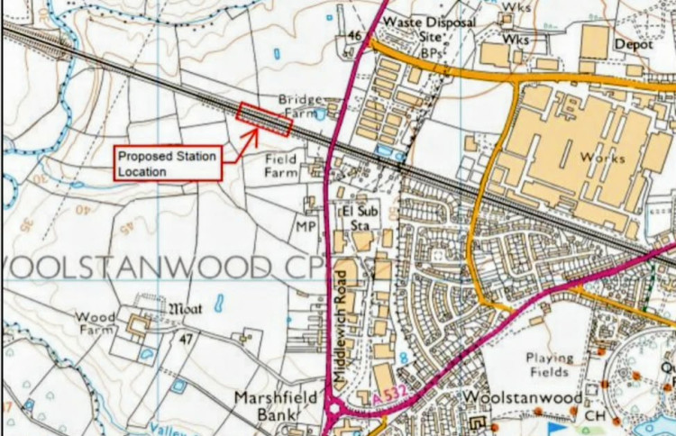 The proposed station would be built on the Crewe-to-Chester line, just off the A530 Middlewich Road between Leighton and Woolstanwood, directly west of Bentley Motors (Photo: CEC).