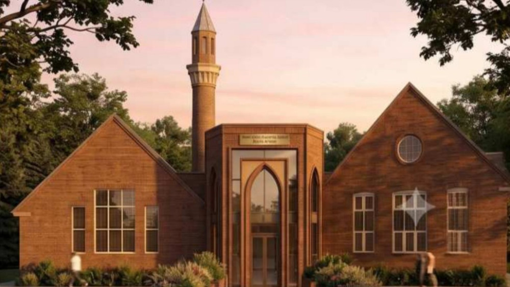 Visualisation of the proposed entrance porch and minaret at Newcastle-under-Lyme Islamic Centre (image via planning application)