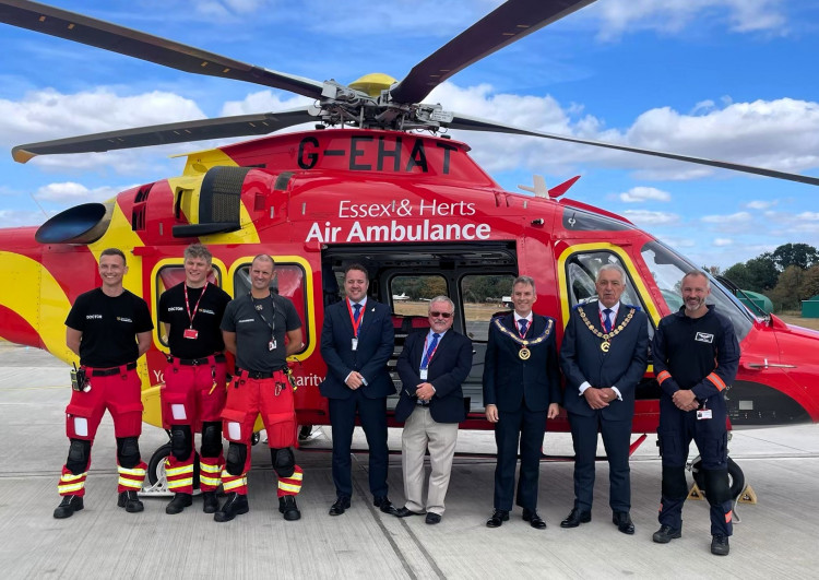 Freemans including David Barton with the aircrew before they departed to deal with an emergency. 