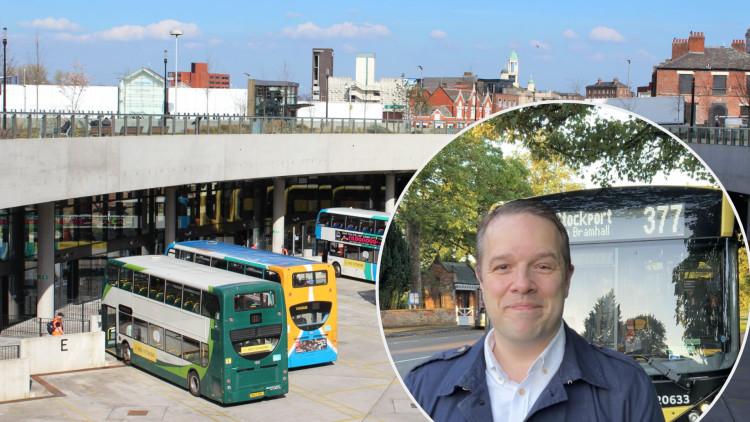 Cheadle MP Tom Morrison joined the 377 for its inaugural trip on 1 September, along with Bramhall South & Woodford councillor Dallas Jones (Images: main - Nub News / inset - Tom Morrison)