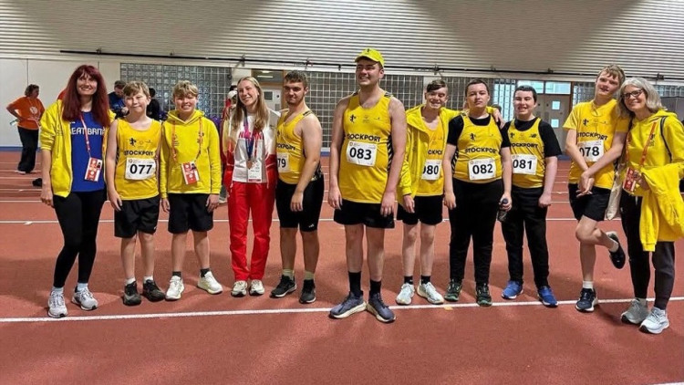 Stockport Harriers Inclusive Athletics at the National Special Olympics GB Summer Games, with their coach Laura Brady on the left and Paralympian sprinter and long-jumper Maddie Down (in red) (Image supplied)
