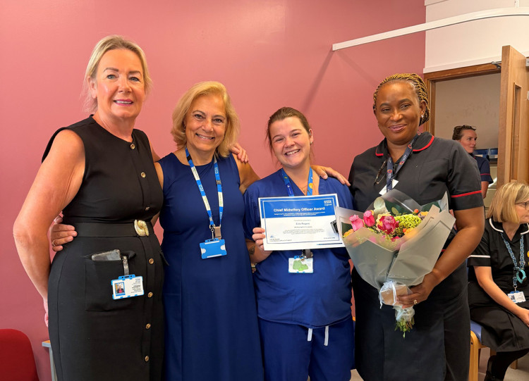 From left: Debbie Goldsmith – Director of Midwifery, Wendy Matthews, Regional Chief Midwife for the East of England, Evie Rogers - Maternity Support Worker and Kenny Ayeni-Yegbe - Associate Director of Midwifery