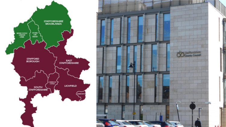 All Stoke-on-Trent and Staffordshire councils were due to be abolished and replaced with two new unitary authorities (left image via Stafford Borough Council report / right image via Kerry Ashdown - LDR) 
