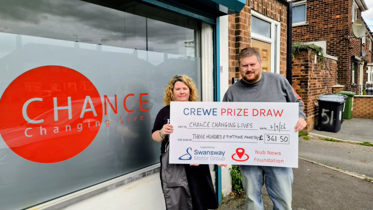 Charity Director at Chance Changing Lives, David Barker, with Victoria Watkins, receiving the £361.50 Crewe Prize Draw donation (Photo: Ryan Parker).