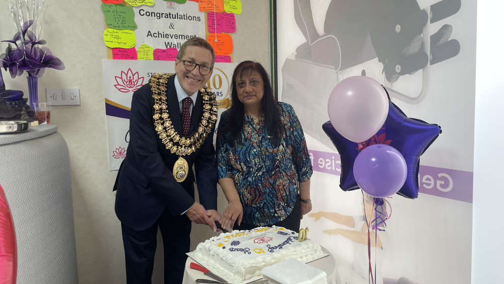Stockport Health & Fitness Centre's founder, Purnima Patel, at the 10-year anniversary celebration with Mayor of Stockport Cllr Mark Hunter (Image - Nub News)