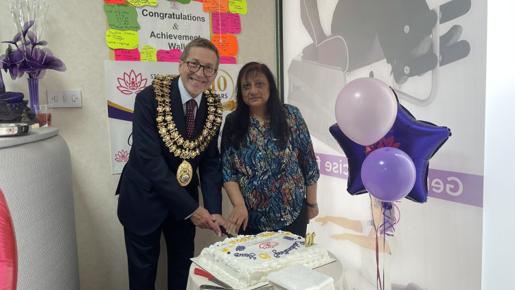Stockport Health & Fitness Centre's founder, Purnima Patel, at the 10-year anniversary celebration with Mayor of Stockport Cllr Mark Hunter (Image - Nub News)