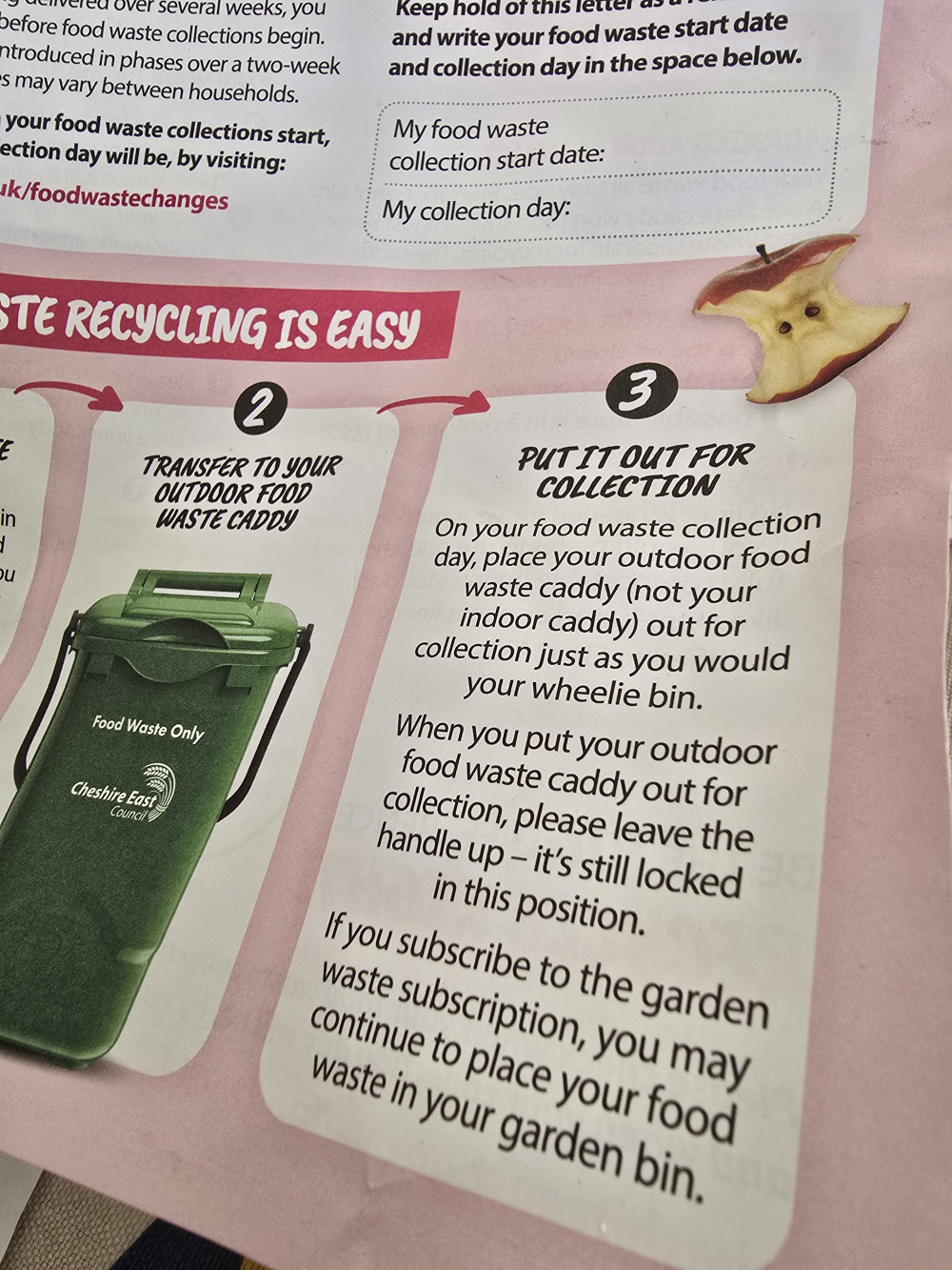 The council's own information tells residents who subscribe to the garden-waste service that they can continue putting food waste into their garden bin when it is collected. (Image: Nub News)