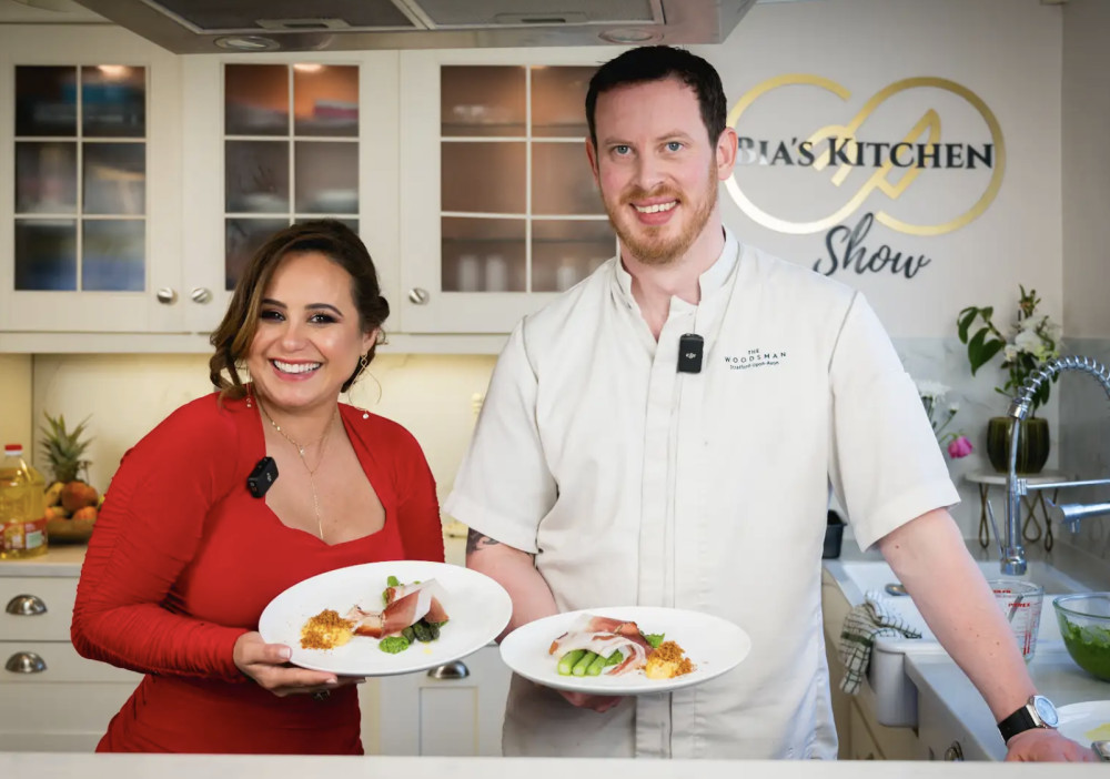 Bia with Chef Greg Newman on set filming a episode Bia's kitchen show (image supplied) 