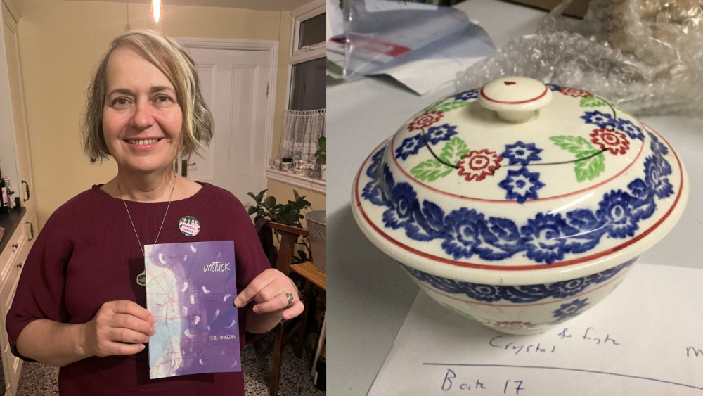 Professor Ceri Morgan with her newly published poetry chapbook and Stoke ceramics found in the Maison Merry museum (images via Keele)