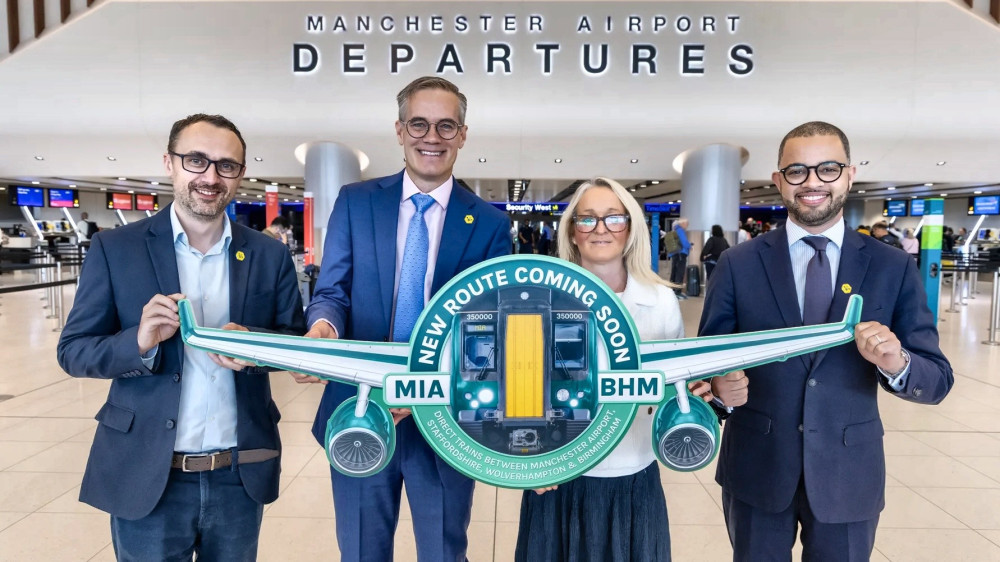 L-R: Simon Elliott (TfGM), Chris Woodroofe (Manchester Airport), Denise Wetton (GBR West Midlands) and Adam Jogee MP (Image supplied)