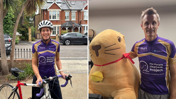 Head of Partnerships at The Purple Elephant Project Nina Bradburn (left) and Lindt CEO Joel Burrows took part in the London to Brighton cycling challenge (credit: The Purple Elephant Project).