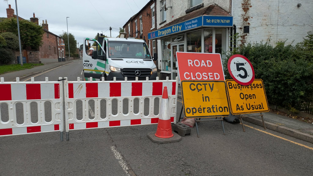 Crewe road in Wheelock is currently closed from 9.30 am until 2.30 pm until Friday (18 September) subsidence investigations. (Photo: Nub News)