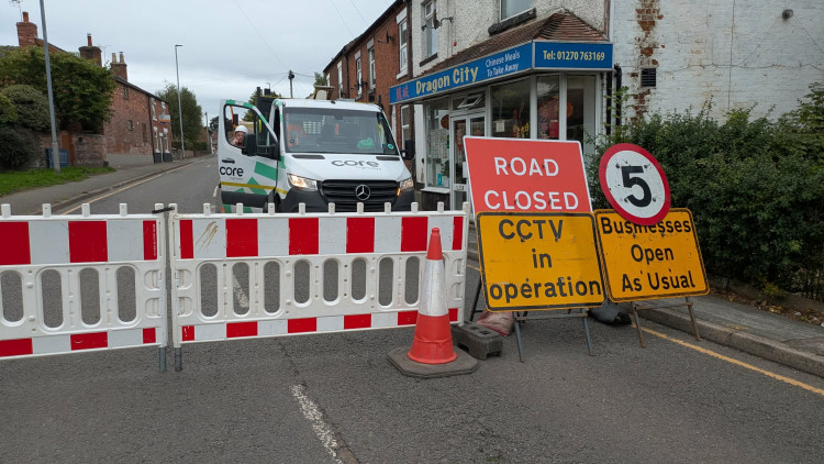 Crewe road in Wheelock is currently closed from 9.30 am until 2.30 pm until Friday (18 September) subsidence investigations. (Photo: Nub News)