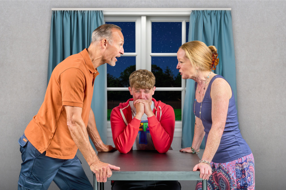 Families don’t always fit together as neatly as the pieces of a puzzle. (Left to right: Paul Sully as Ed, Will Shelton, centre, as Christopher & Jo Banbury as Judy (image via Robert Warner with post-production by Mark Plastow)