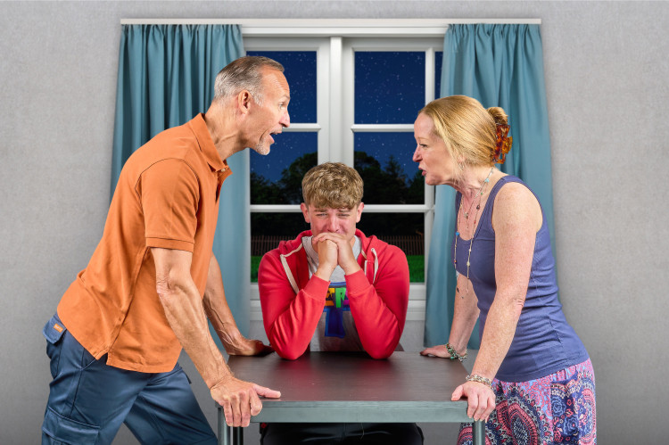 Families don’t always fit together as neatly as the pieces of a puzzle. (Left to right: Paul Sully as Ed, Will Shelton, centre, as Christopher & Jo Banbury as Judy (image via Robert Warner with post-production by Mark Plastow)