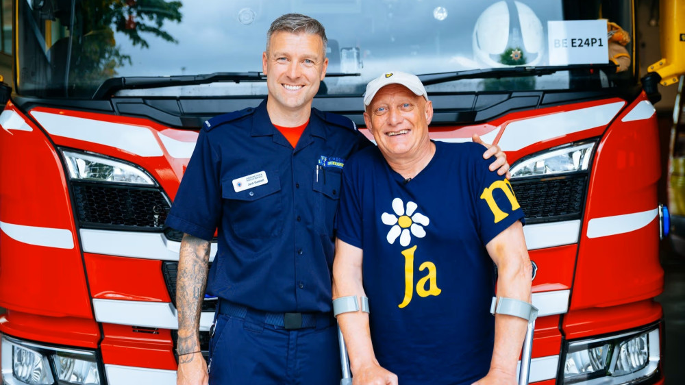 Jonno Stubbs was recently reunited with Cheshire firefighter Jack Gaskell (images via Cheshire Fire and Rescue Service)