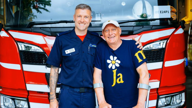 Jonno Stubbs was recently reunited with Cheshire firefighter Jack Gaskell (images via Cheshire Fire and Rescue Service)