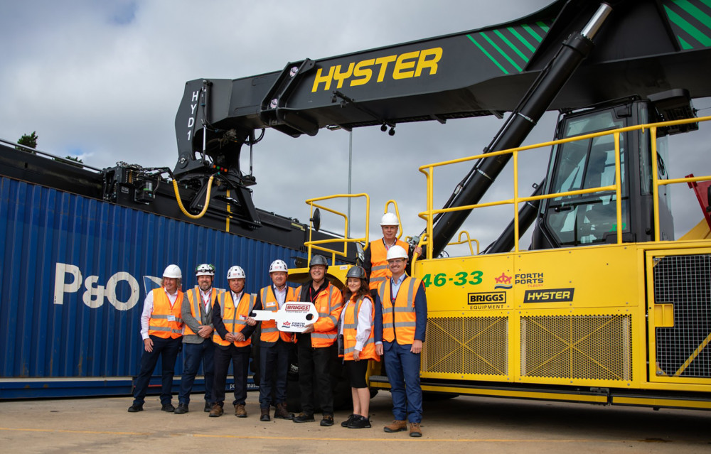 Key to the future: From left - Matt Lea, Hyster; David Housden, Forth Ports; Andy Darlington, Forth Ports; Paul Dale, Forth Ports; Andrew Bellamy, Briggs Equipment UK; Ellie Bourne, Briggs Equipment UK; Lucien Robroek, Hyster; Junior van Remortele, Hyster