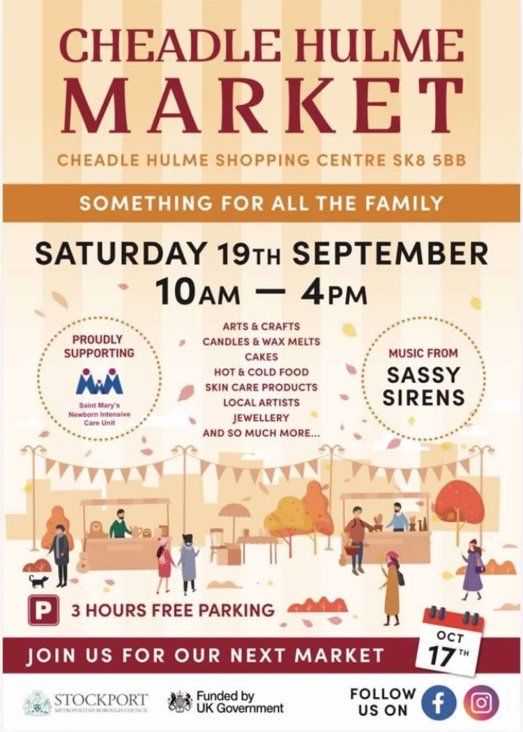 A market featuring food, gifts, live music and more is coming to Cheadle Hulme this Saturday. 