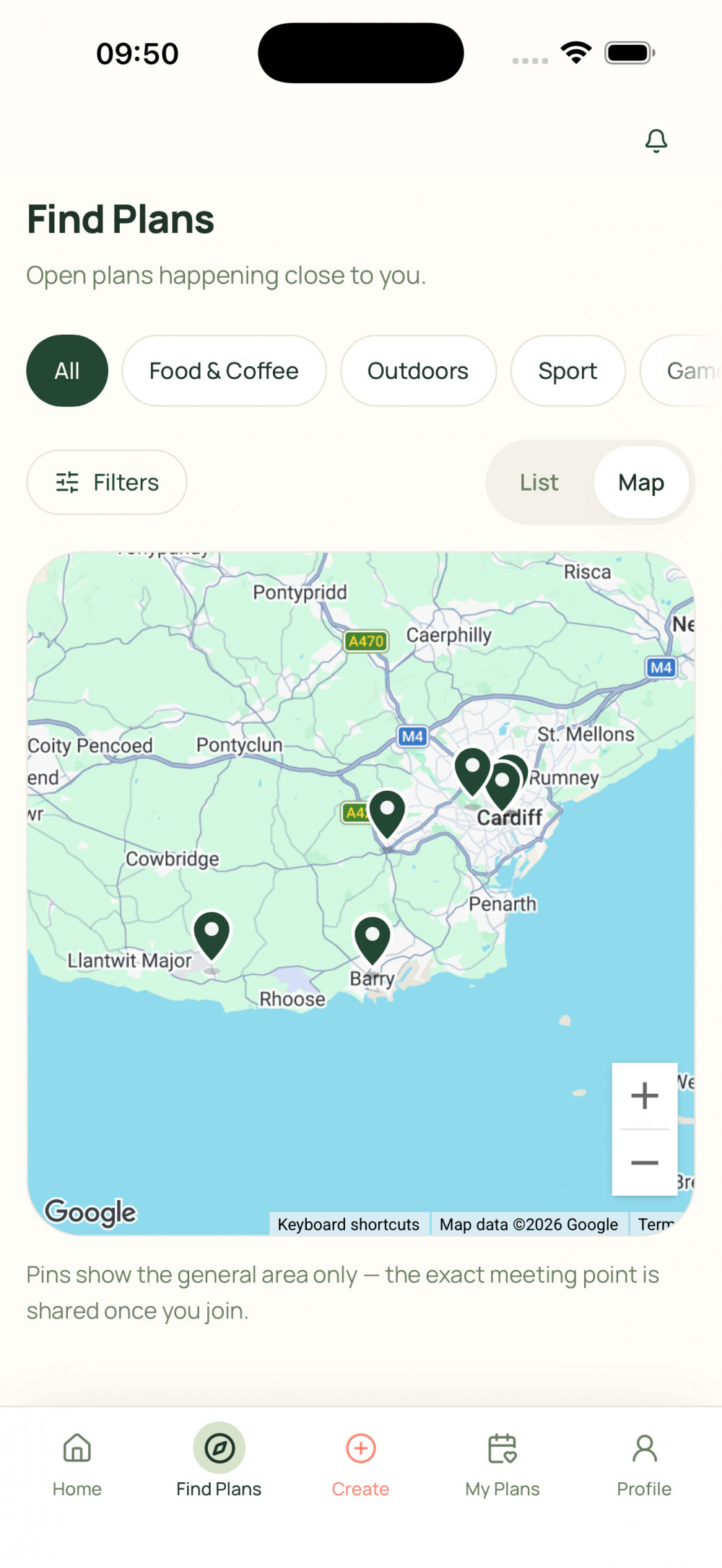 Belova’s Discover screen, where users can find plans and activities to join.