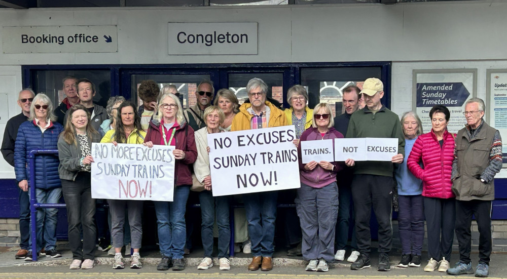 Campaigners gathered at Congleton Station to demand that Northern Trains resolves the dispute that has left the town effectively without a Sunday service (Credit: Supplied)