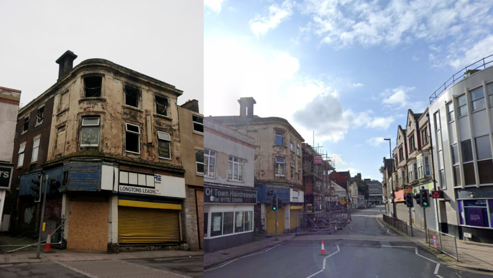 The demolition work comes after the building suffered two fires last year (left image via Nub News / right image via Google Street View)