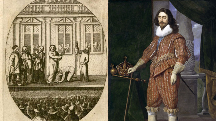 Execution of Charles I (left), painting of Charles I by Daniël Mijtens (right)- (images via Harvard University on Picryl/Wikimedia commons)
