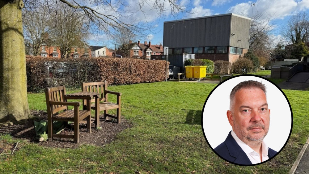 Simon Whitehouse, Chief Executive Officer for NHS Shropshire, Telford and Wrekin and NHS Staffordshire & Stoke on Trent (in circle-image via NHS Shropshire, Telford and Wrekin)/County Hospital (background-image via Jonathan Hutchins on Geograph)