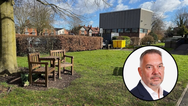 Simon Whitehouse, Chief Executive Officer for NHS Shropshire, Telford and Wrekin and NHS Staffordshire & Stoke on Trent (in circle-image via NHS Shropshire, Telford and Wrekin)/County Hospital (background-image via Jonathan Hutchins on Geograph)